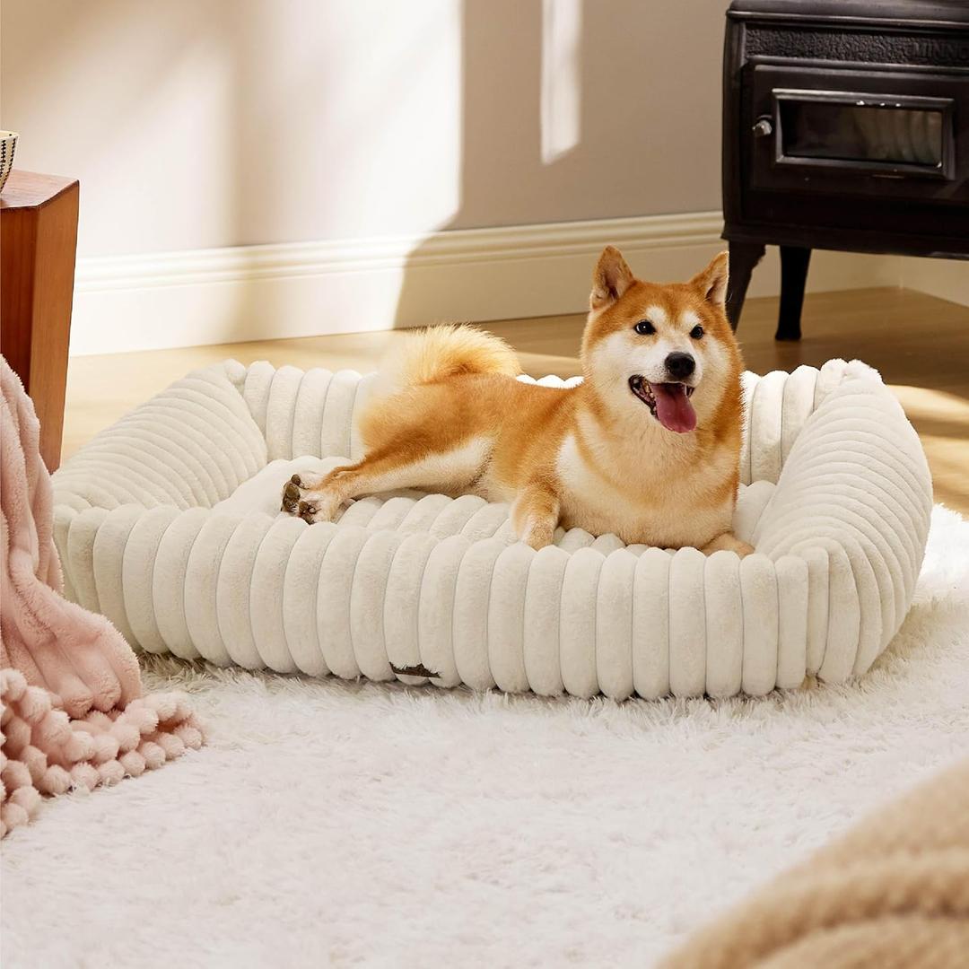Bedsure ComfyFleece Cute Dog Beds Large Sized Dog - Washable Furry Pet Beds, Rectangle Orthopedic Corduroy Fleece Puppy Beds with Removable Zipper Cover, 36x27x8inches, Cream