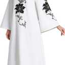 Elegant White Abaya for Women with Black Floral Embroidery and Beading Dubai Kaftan for Wedding Eid (Medium)