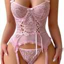 SHENHE Women's Garter Lingerie Set Lace Bustier Corset Underwire Lingerie with Thong and Stockings (Medium, Pink)