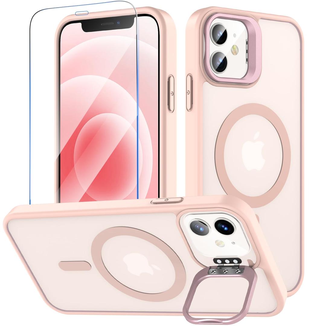 Fin2feel Magnetic for iPhone 12/iPhone 12 Pro Case with Screen Protector, Compatible with MagSafe, Built-in Stash Stand Phone Case Anti-Scratch Shockproof Cover for iPhone 12/12 Pro(Translucent Pink)