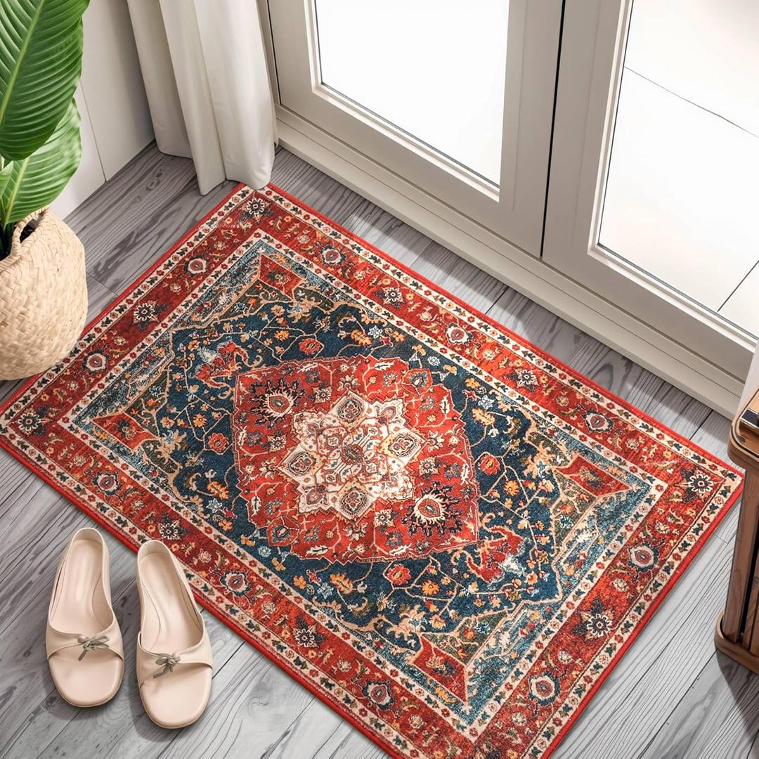 YJ.GWL Area Rug 2x3 Traditional Floral Print Door Mat, Distressed Boho Vintage Rugs Indoor Entrance Washable Rugs, Non Slip Carpet for Living Room Kitchen Bathroom, Red (3' x 2')