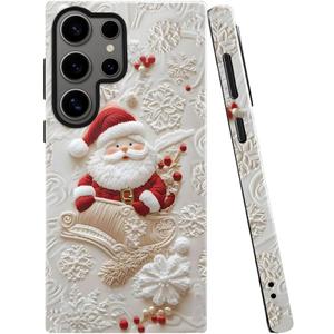 Case for Samsung Galaxy S25 Ultra, White Snowflake Christmas Santa Claus Phone Case Drop Resistant Glossy 2 in 1 Solid Dual-Layer Cover for Girl Women