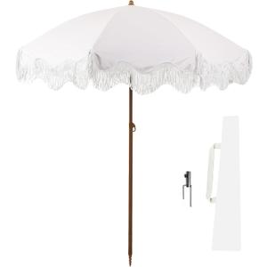 Rayjee 6.5FT Patio Umbrella with Fringe, UV Protection Beach Umbrella with Tilt & Adjustable Height, Includes Carry Bag & Ground Stake, Outdoor Umbrella for Pool, Garden, Backyard