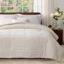 Amlie Home Queen Comforter Set, Beige Fleece Bedding Set with Stripe Jacquard, Soft Fluffy Bedding Set for Winter, 3 Pieces, 1 Warm Comforter and 2 Pillowcases
