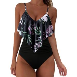 SUUKSESS Women Slimming Ruffle One Piece Swimsuits Ruched Tummy Control Bathing Suits (Medium, #1 Tropical Floral Black)