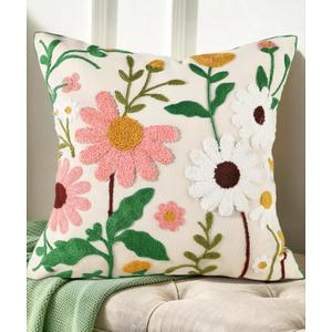 Embroidered Throw Pillow Cover - 18x18 Decorative Pillow Cover with Zipper Aesthetic Cute Design Boho Spring Summer Cozy Throw Pillowcase for Living Room Couch Sofa Bed, Pink White Flower