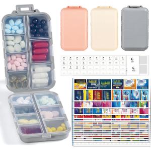3 Pack Travel Pill Organizer with Bulk Stickers & Labels - Small & Portable Week Daily Medicine Pharmacy for Pocket, Bag - 14-Compartment Foldable Supplement Box Holder for Fish Oil Vitamin
