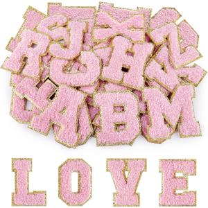 Morcheiong 52Pcs Self Adhesive Chenille Letter Patches A-Z, Chenille Letters for Clothing, Fabric, Shoes, Bags (Light Pink)
