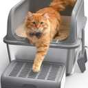 Cat Litter Box - Stainless Steel Litter Box with Scatter-Proof Elevated Step Board for Kitty Use, Robust & Non-Sticky Metal Cat Box with Scoop, Grey