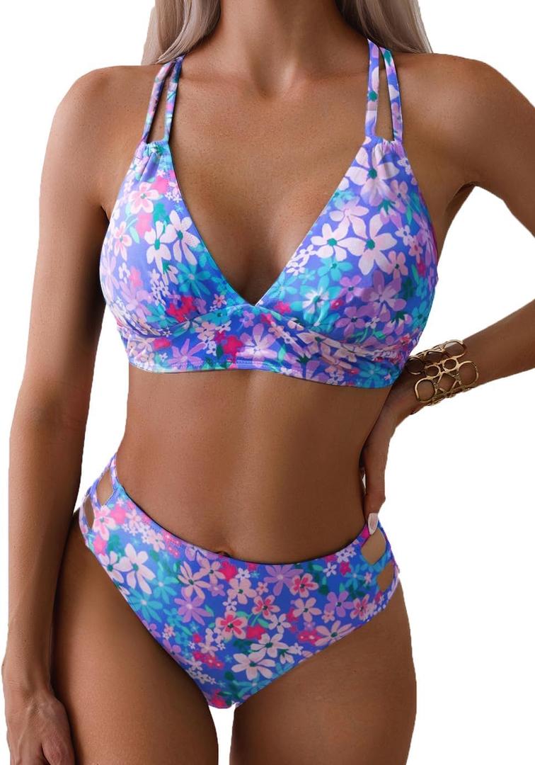 Tainehs Women's Push Up V Neck Bikini Sets Criss Cross Back Two Piece Bathing Suit (Blue, L)
