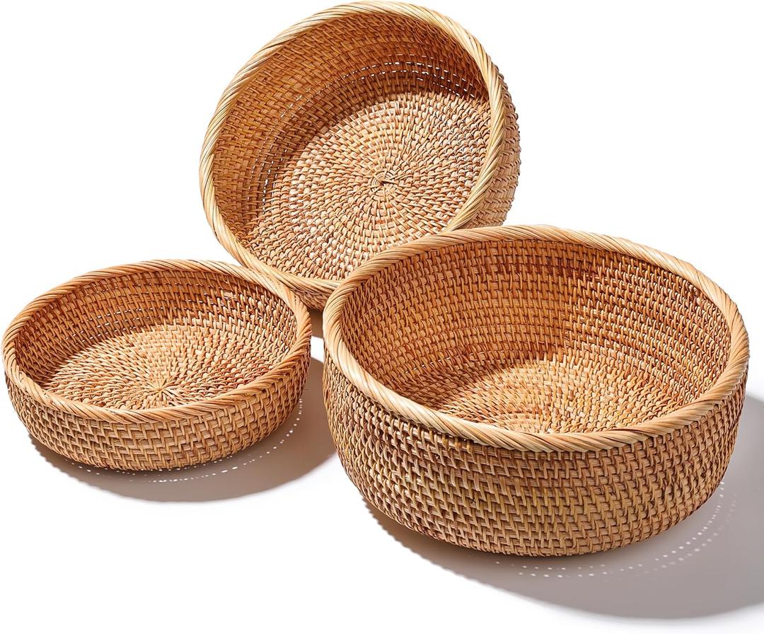 Honey Brown Natural Rattan Bread Basket Set of 3 - Handwoven Round Wicker Serving Bowls for Fruit, Snacks, Kitchen Counter Organizing | Stackable Farmhouse Decor