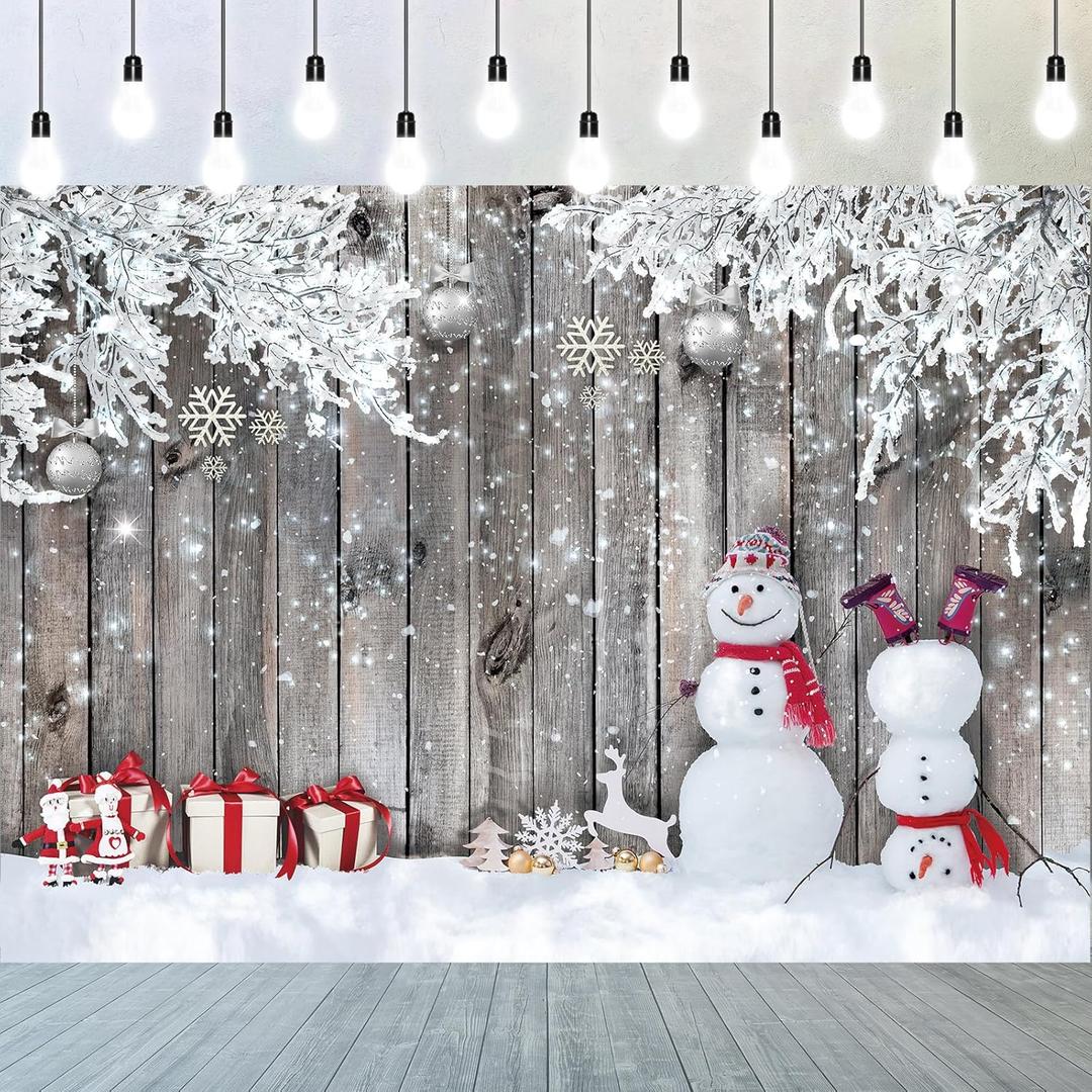 Blulu 7 x 5 ft Winter Wood Backdrop for Photography, New Year Christmas Snowman Snowflakes Rustic Wall Snow Scene Backdrop Landscape Background for Family Props Decoration (83.9 x 59.8 Inch)