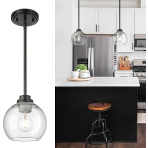 Pendant Lights Kitchen Island, 7" Modern Black Hanging Lights Fixtures with Clear Glass Globe Shade, Kitchen Island Lighting for Bathroom, AD-22280-1P-BK-C