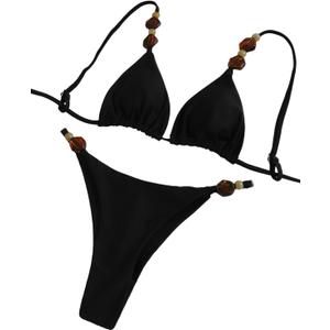 Women's Triangle Bikini Set Sexy String Swimsuit with Beaded Straps Two Piece Swimwear for Beach Vacation (Black, M)