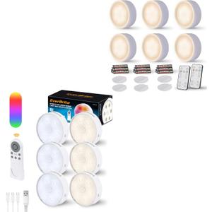 EverBrite 6-Pack Rechargeable 2000mAh Linked Sensor Under Cabinet Lights & 6-Pack Puck Lights with Remote, Battery Included
