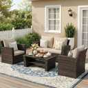 Wisteria Lane Patio Furniture Set, Wicker Outside Outdoor Furniture for All Weather, Patio Sofa with High Backrest Support and Wide Armrest for Backyard, Balcony, Deck, Porch, Brown (4)