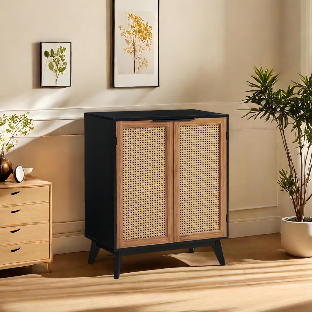 EFURDEN Storage Cabinet with Rattan Decorated Doors, Black Kitchen Buffet Cabinet with Storage, Bathroom Storage Floor Cabinet with Large Storage Space