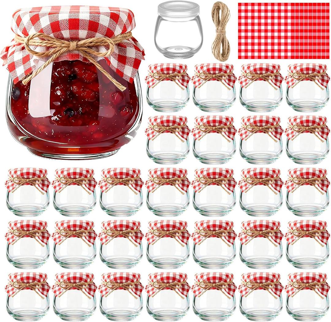 LemonRoad 30 Mini Yogurt Jars 3.4 oz Glass Bottles with Plastic Lids for Jam, Honey, Wedding Favors, Birthday Party Decor Mason Jar with Checkered Cloth and Rope (Circle, Red, White)