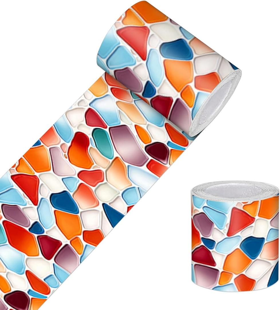 Wallpaper Border Peel and Stick Geometric Mosaic Wall Trim Self Adhesive Accent Strip Decorative Border for Walls Mirror Frame Kitchen Bathroom Bedroom Living Room 4x196 Inch Colorful Glass