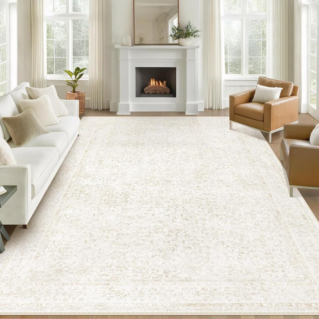 8x10 Area Rugs for Living Room: Washable Large Vintage Floral Rug Low Pile Non-Slip Boho Carpet for Bedroom Dining Home Office (Floral Beige, 8'x10')