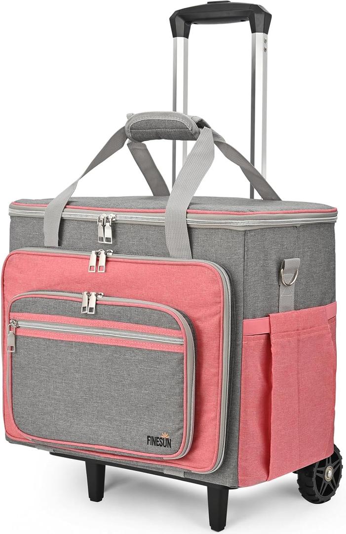 Rolling Craft Bag, Tote Bag with Wheels for Women, Rolling Teacher Bag with Removable Folding Hand Truck (Pink)