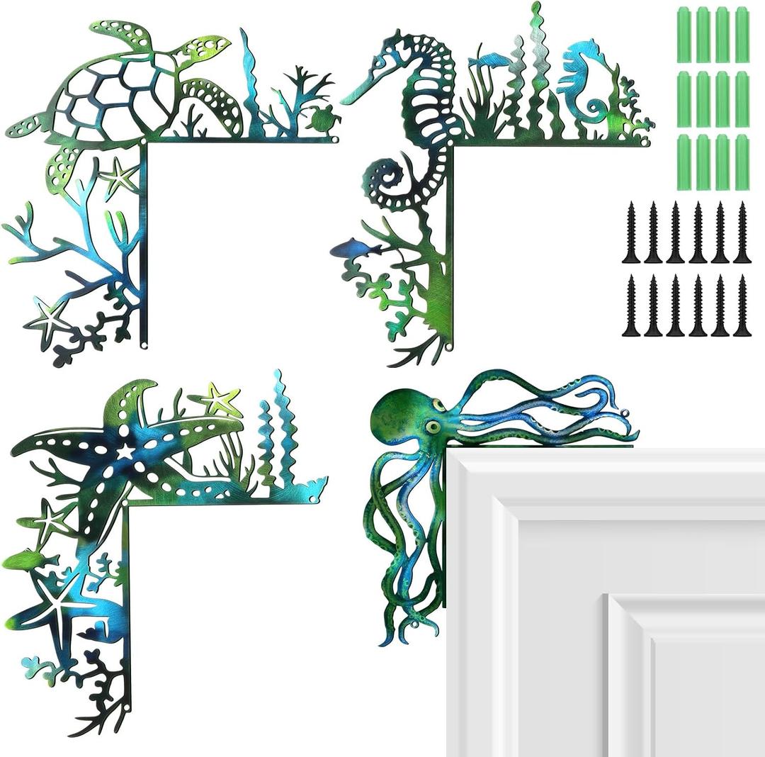 MorningRo 4 Pcs Door Frame Decoration Set Metal, Wall Art Decor Corner Sign Bathroom Decor for Indoor Outdoor Door Window Home Office(Ocean Style 1,Green and Blue)