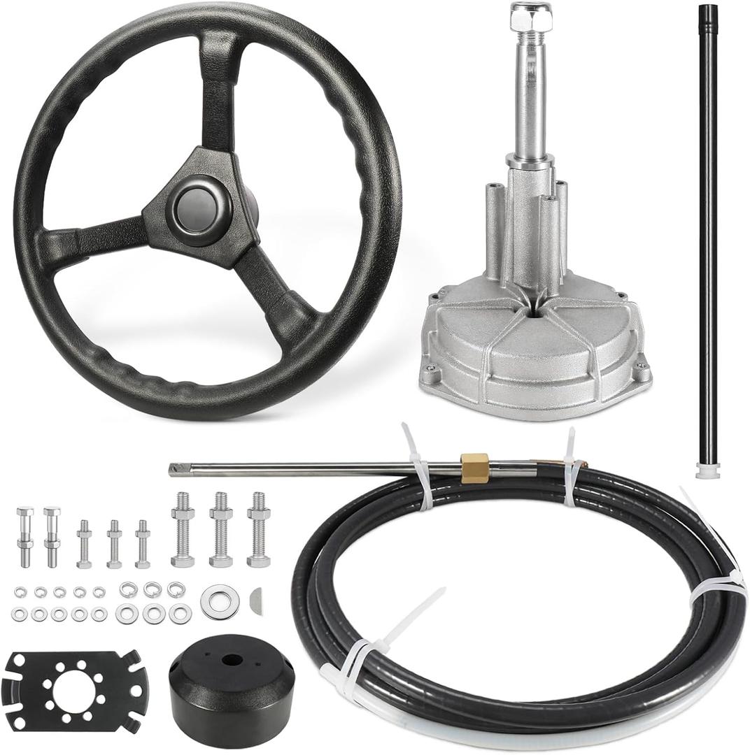 Boat Steering System 13ft, Outboard Steering Kit with 3/4" Standard Tapered Shaft, Steering Control Cable for Yachts, Fishing Boats & Watercraft - Includes Steering Wheel Boat Steering System 13ft, Outboard Steering Kit with 3/4" Standard Tapered Shaft, Steering Control Cable for Yachts, Fishing Boats & Watercraft - Includes Steering Wheel