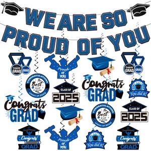 LARRAZABAL Blue Graduation Decorations 2025, We are So Proud of You Graduation Banner and Congrats Grad Hanging Swirls Decorations, College Graduation Party Decorations Class of 2025