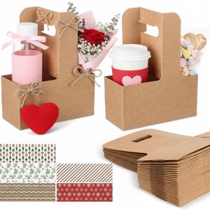 50 Set Holiday 2 Cup Drink Carrier with Handle Red Green Disposable Cardboard Coffee Cup Holder Bulk Snowflake Portable Foldable Beverage Paper Tray for Valentine Day Delivery Party Supply