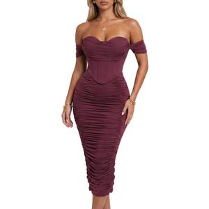 Women's Off the Shoulder Midi Dress Built-in Bra Ruched Corset Bodycon Formal Night Out Cocktail Party Dresses (Purple, M)