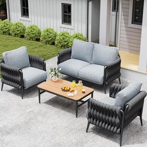 Outdoor Patio Sofa Set 5-Piece, Outdoor 4-Seat Couch Set with Coffee Table, Waterproof Thick Cushion Patio Conversation Set, All Weather Outdoor Furniture for Deck, Lawn, Balcony