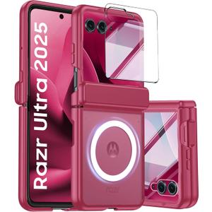 Magnetic for Motorola Razr Ultra 2026/2025 Case,Hinge Protection, Screen Protector, Compatible with MagSafe, Translucent Frosted, Shockproof Slim Cover for Razr Ultra 2026/2025-Rose Red