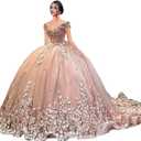 Mouccy Gorgeous Lace Beaded Quinceanera Dresses Puffy Off Shoulder Sweet 16 Dress with Train 3D Floral Prom Dress Ball Gown (Blush Pink, 6)