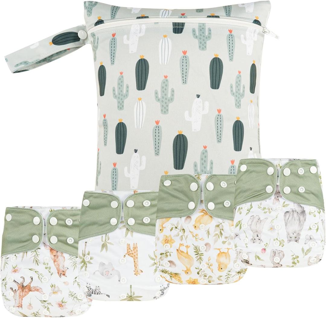HappyFlute 9 Sets Newborn Baby Cloth Pocket Diapers Adjustable Reusable for Baby Boys and Girls(6-33 pounds,0-3 Years),One Wet Bag+4Diapers and 4Inserts (AD10)