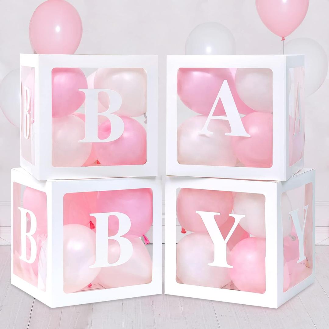 RUBFAC Baby Boxes for Baby Shower Decoration with 8 Letters and 36 Balloons 4pcs Clear Balloon Boxes BABY Blocks for Girls Birthday Party Decorations(Pink)