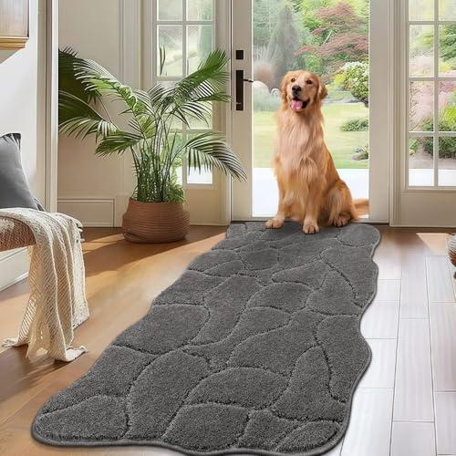 Large Dog Door Mat for Muddy Paws, 22x47 Absorbent Dirt Trapper Long Door Mat, Non-Slip Washable Mud Mat for Dogs, Polyester Microfiber Soft Pet Rug Mat for Entryway, Mud Dog Paws, Patio (Gray)
