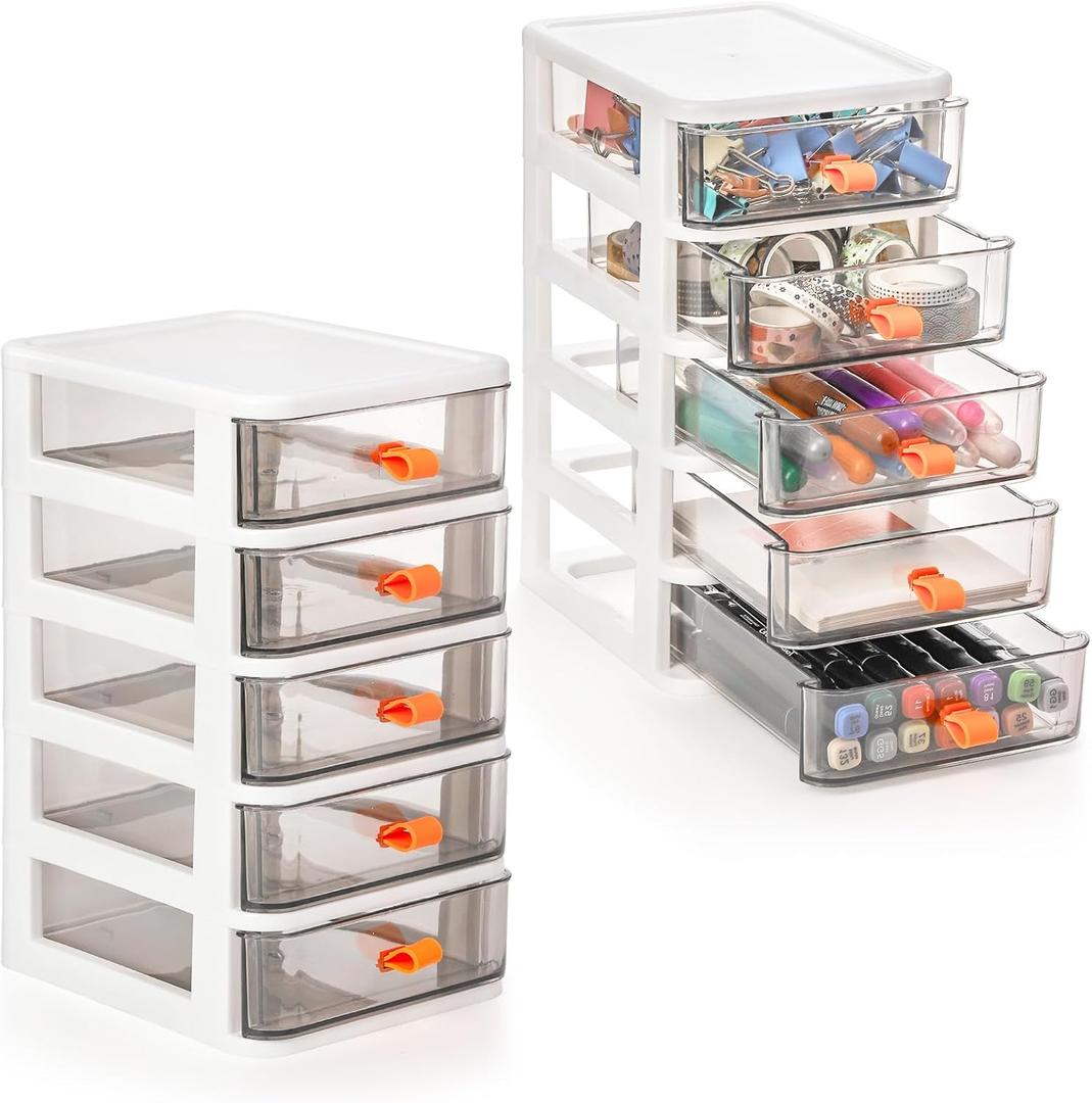 Pack of 2 Small Desktop Drawer Storage Unit, Clear 5-Drawer Unit, Plastic Mini Organizer with Drawers, Organizer Box Storage Container Case 5.3"x6.7"x10.2" White Frame