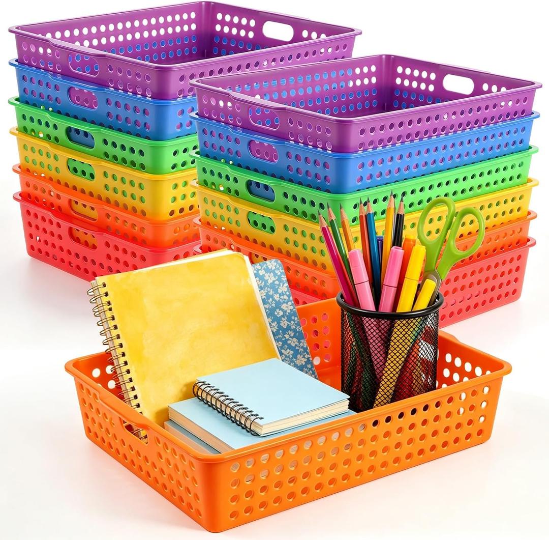 12 Pack Classroom Storage Baskets, Plastic Paper Trays for Desk Organization, Turn-in Trays for Teachers and Students, Stackable Organizer Bins for School Office-Bright Color