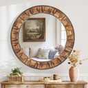 36 Inch Large Round Solid Wood Wall Mirror - Rustic Farmhouse Dark Brown Wooden Circle Mirror for Bathroom, Living Room, Entryway & Wall Decor