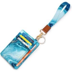 Slim Front Pocket Wallet RFID ID Card Holder Cute Small Wallet with Wrist Lanyards Key Chain Holder for Women,Flowing Blue