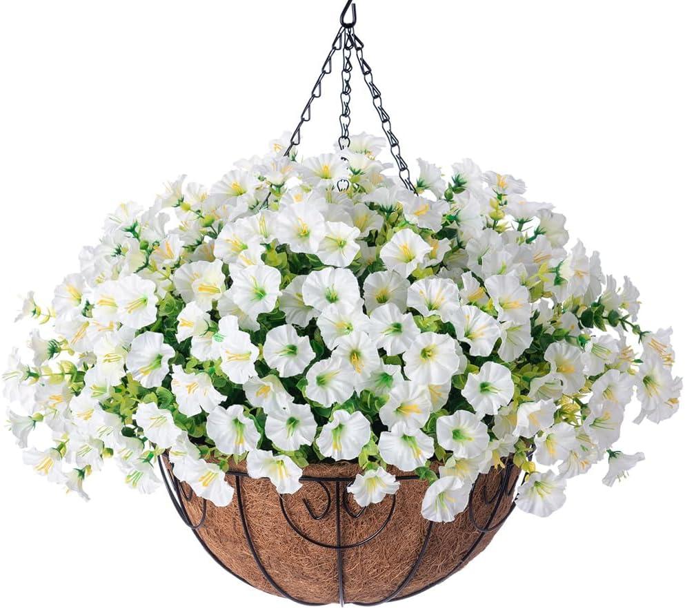 Artificial Fake Hanging Flowers Plants Baskets Spring Outdoor Decor, Outdoor Faux Silk White Morning Glory Eucalyptus in Planter UV Resistant Realistic for Outside Porch Patio Balcony Garden Yard Home (12 Bundles)