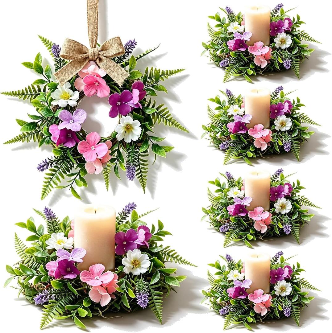 6 Pcs Summer Tropical Mini Candle Ring Wreaths Artificial Hibiscus Flowers Small Candle Holder Wreaths with Fern Fronds for Home Kitchen Front Door Cabinets Farmhouse Porch Wall Table Centerpieces