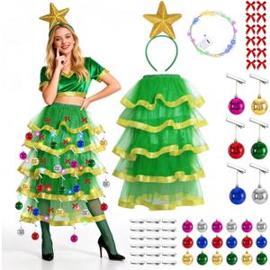 Christmas Tree Costume Set Women Xmas Tree Outfit Accessories Santa Green Tutu Skirt Xmas Outfit Cosplay