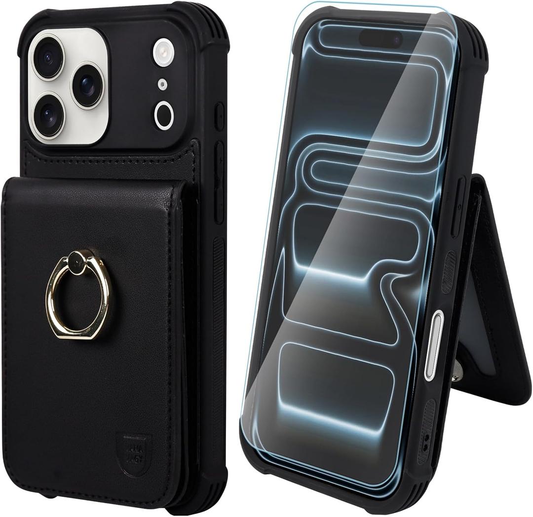 VANAVAGY Compatible for iPhone 17 Pro Wallet Case with RFID Blocking Card Holder, [Screen Protector] PU Leather Shockproof Case Magnetic Clasp Ring Kickstand Flip Phone Cover for Women Men,Black