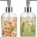 Topadorn Set of 2 17 Oz Glass Soap Dispenser, Soap Dispenser Kitchen Bathroom for Dish Soap, Hand soap, Flowers and Leaves (Pink and Green)