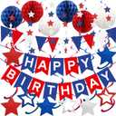 Blue, White & Red Birthday Party Decorations - Happy Birthday Banner, Honeycomb Balls, Star Streamers, Triangle Flags, Perfect for 4th of July & Baseball Parties