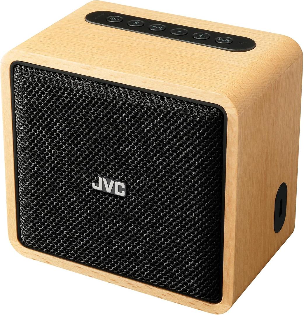 JVC Wireless Bluetooth Speaker - Retro Portable Speaker with Genuine Wood Design, Palm-Sized, Great for Travel, Home, Office use - Up to 12 Hr Battery - Rich Sound, USB-C and Aux Input - SPWS1BT