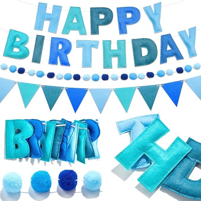 Pre-Strung Happy Birthday Banner Felt Ball Happy Birthday Garland Blue Birthdays Decorations Bunting String Triangle Flags Navy Blue Pennant Banners Photo Booth Party Supplies for Women Men