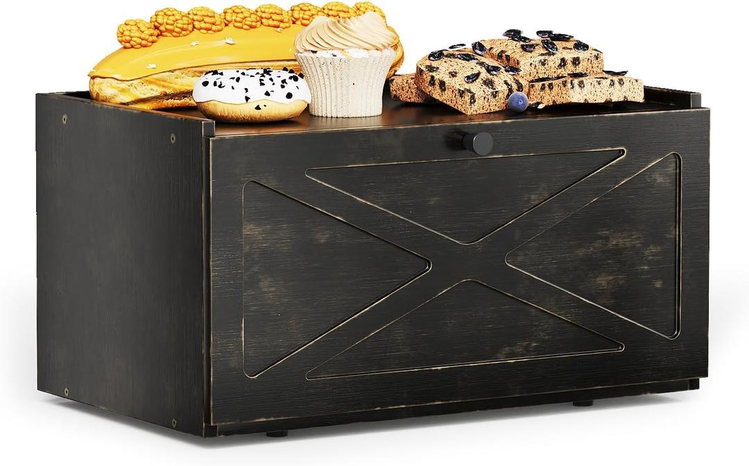 Trironsun Bamboo Bread Box for Kitchen Counter Farmhouse Bread Storage Container Large Capacity Bread Storage Bin Bread Holder (Antique Black)