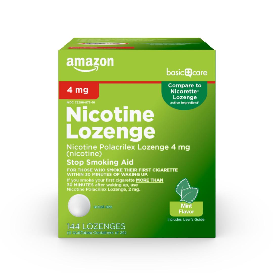 Amazon Basic Care Nicotine Polacrilex Lozenges, 4 mg, Mint Flavor, Stop Smoking Aid, Reduces Cravings, Smoking Cessation, 144 Count 6 containors, Exp: 02/2027